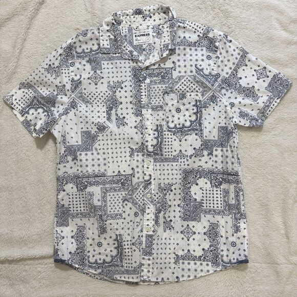 Express Button Up Shirt Mens Large Slim White & Blue All Over Print Short Sleeve - Picture 1 of 6